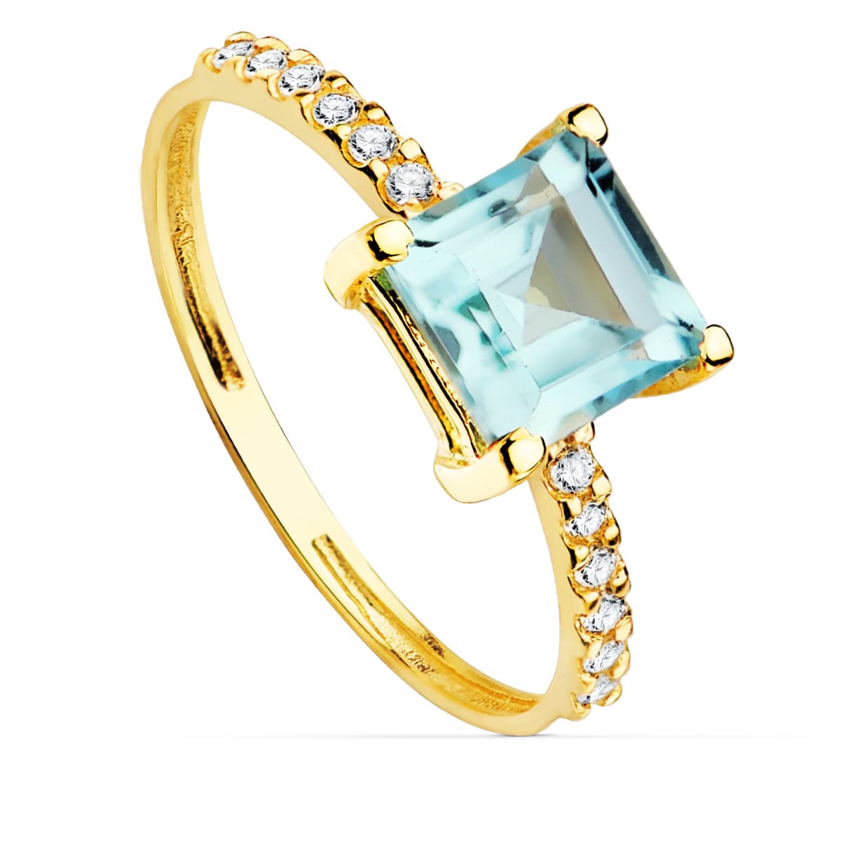 Sortija Circonita y Topacio Azul 6 x 6 mm Ancho Cuerpo 1,5 mm de oro amarillo 18K
