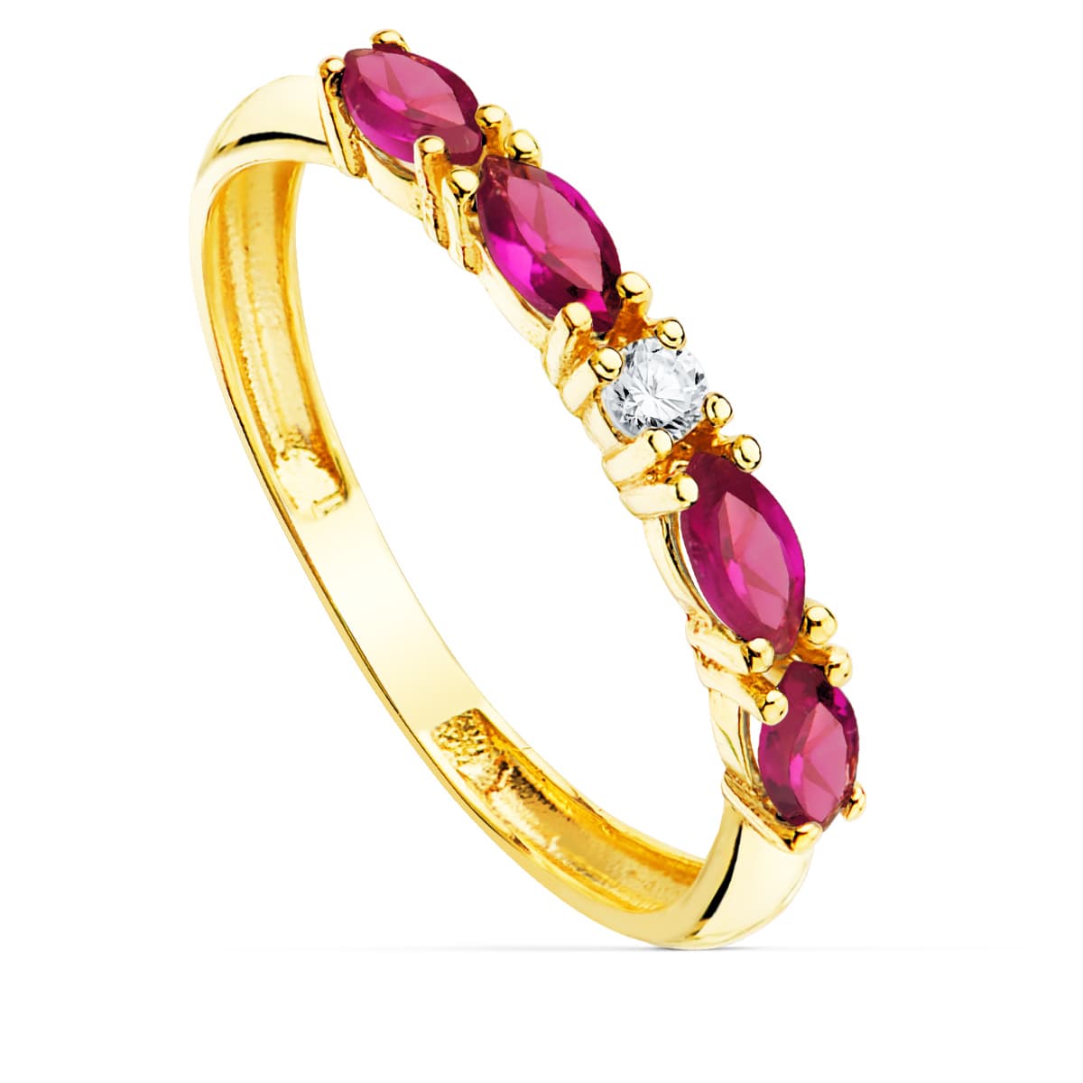 Sortija 4 Circonita Rojas Talla Marquise Ancho 2 mm de oro amarillo 18K