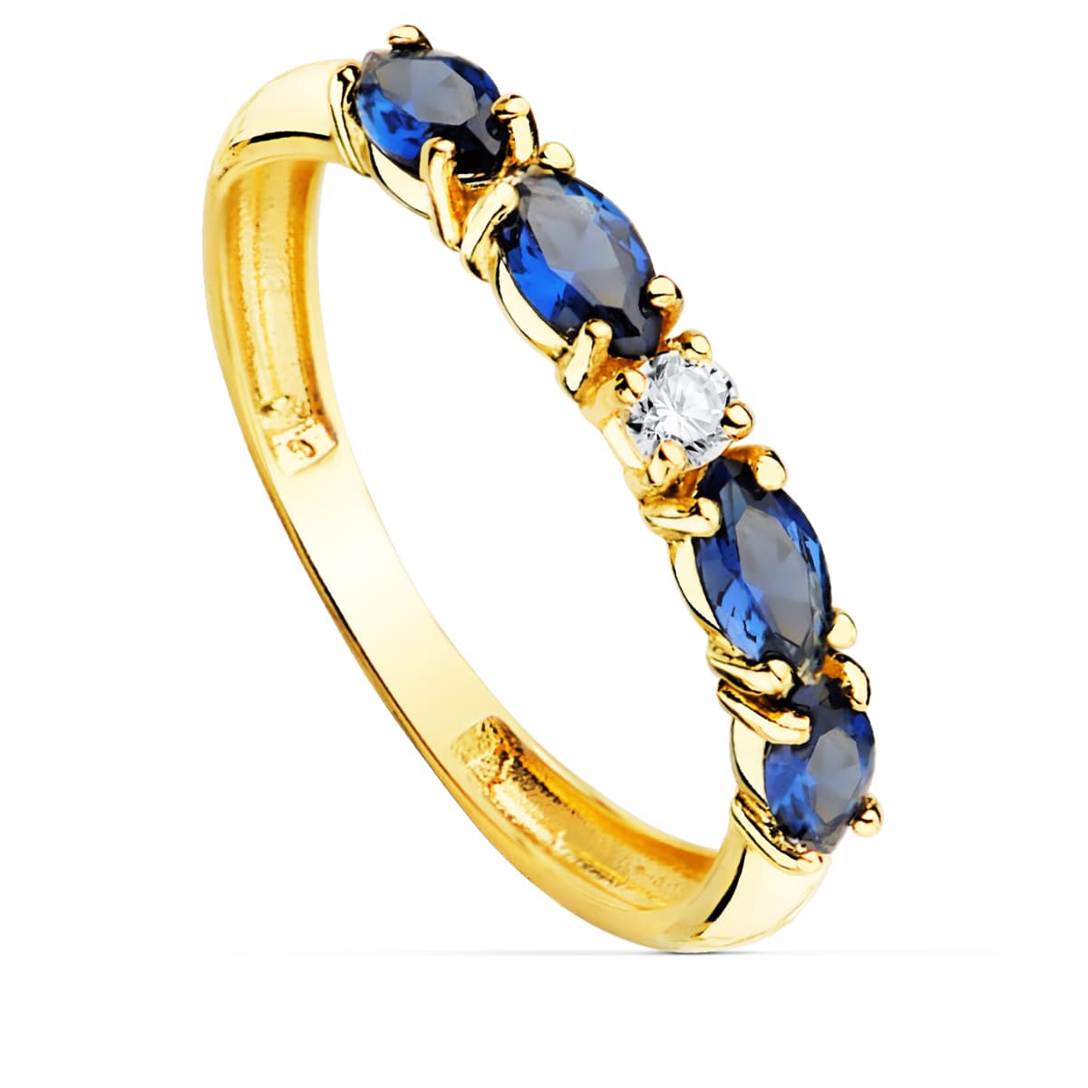 Sortija 4 Circonita Azules Talla Marquise Ancho 2,5 mm de oro amarillo 18K