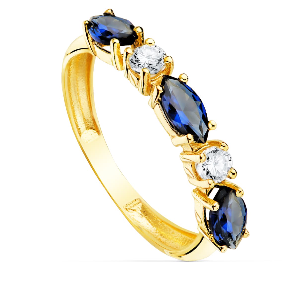 Sortija 3 Circonita Azules Talla Marquise Ancho 3 mm de oro amarillo 18K