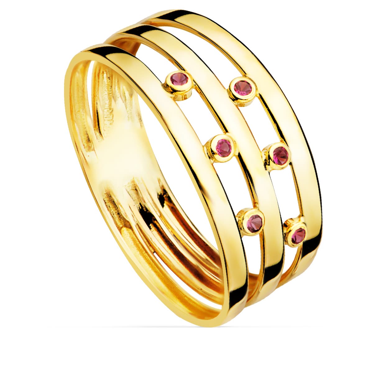 Sortija Bandas Piedras Rojas. Ancho Cuerpo 8 mm de oro amarillo 18K