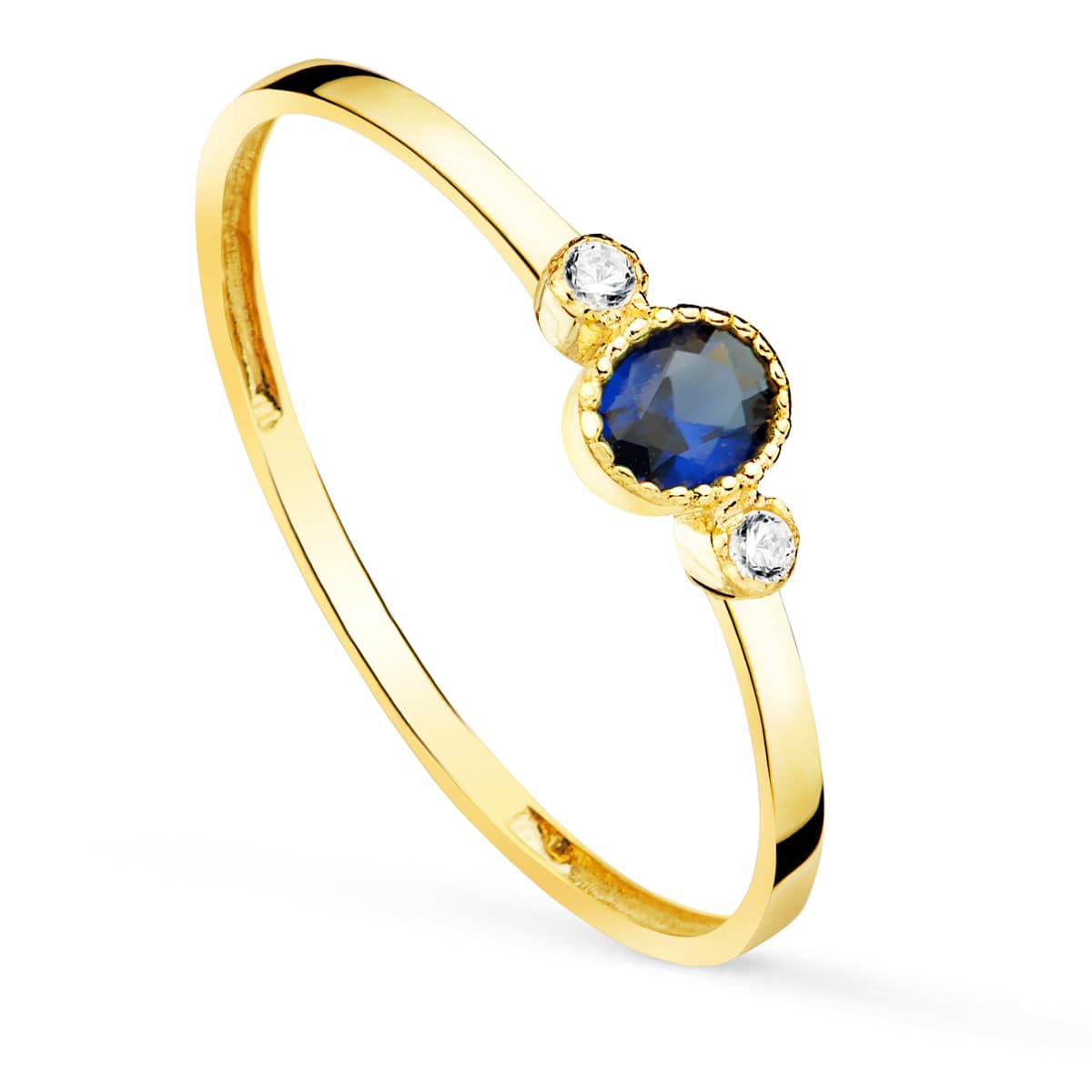 Sortija Piedra Azul y Circonita 4 x 3 mm Ancho Cuerpo 1,2 mm de oro amarillo 18K