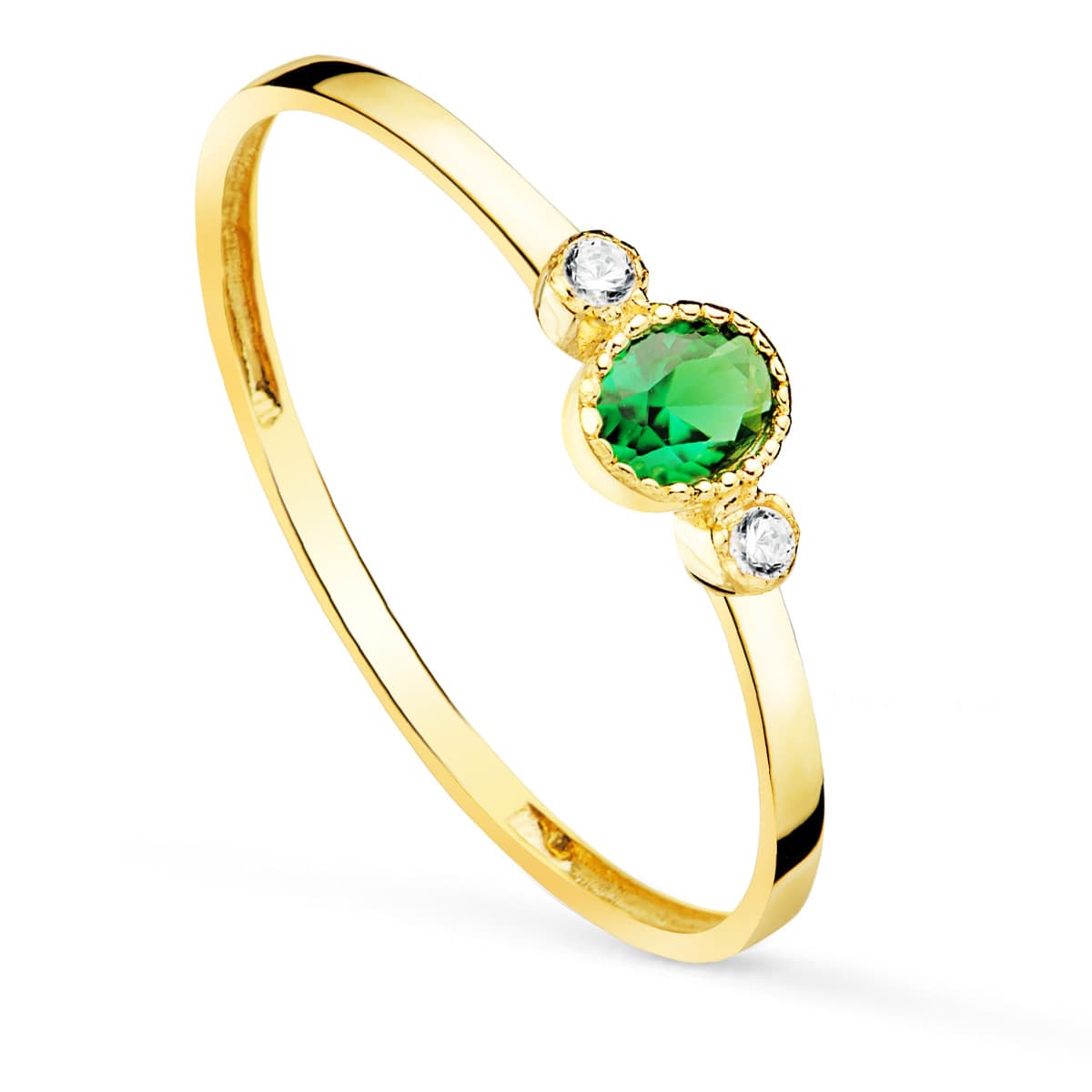 Sortija Piedra Verde y Circonita 4 x 3 mm Ancho Cuerpo 1,2 mm de oro amarillo 18K