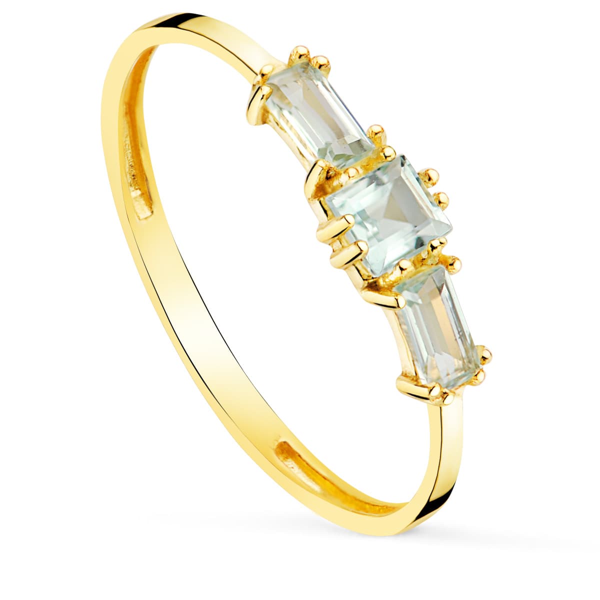 Sortija Topacio Azul Natural Talla Cuadrada y Baguette de oro amarillo 18K