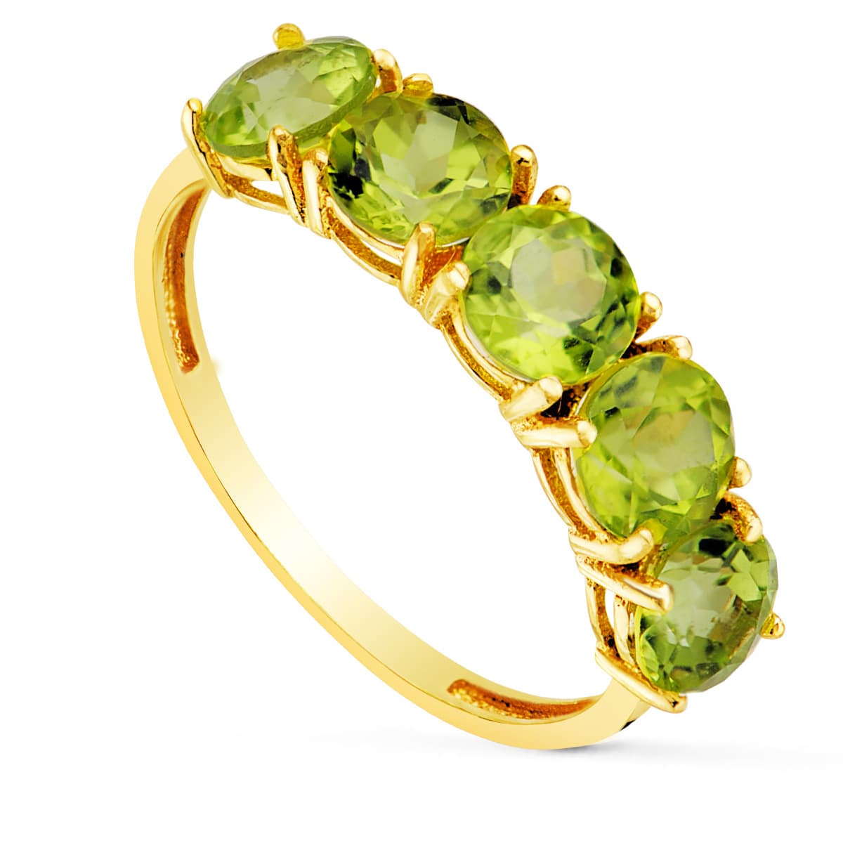 Sortija con 5 Olivinas Naturales 2,87 Qts. Ancho Piedras 5 mm de oro amarillo 18K