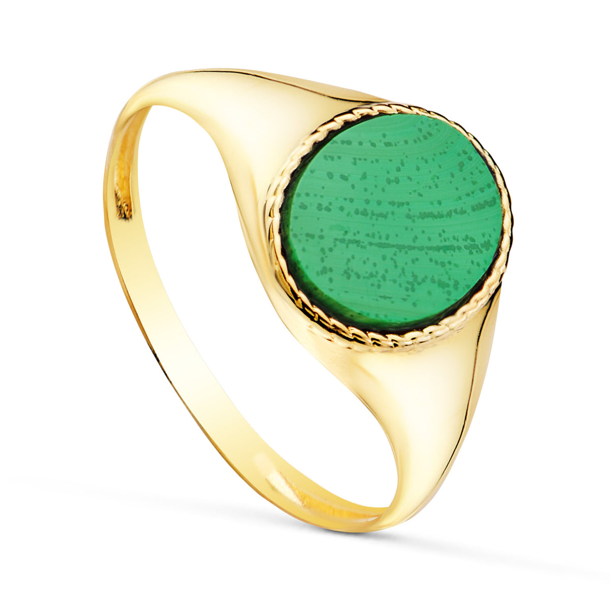 Sello Brillo con Piedra Oval Malaquita 10 x 8 mm . de oro amarillo 18K