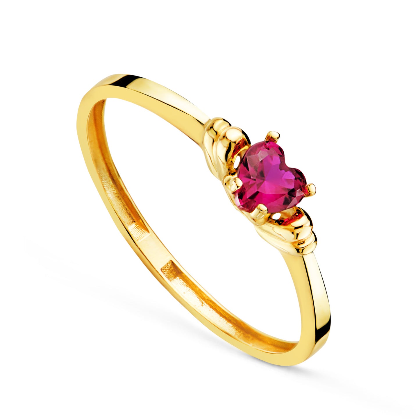 18K SORTIJA ORO AMARILLO CORINDON RECONSTRUIDO CORAZON RUBI 4X4 MM CON GALLONES. C. AMOR
