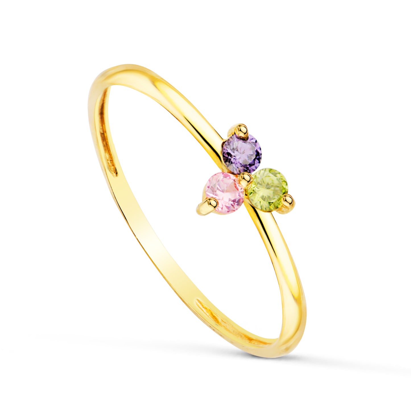 18K SORTIJA ORO AMARILLO TRIANGULO CON CIRCONITAS COLORES. ANCHO: 2,5 MM