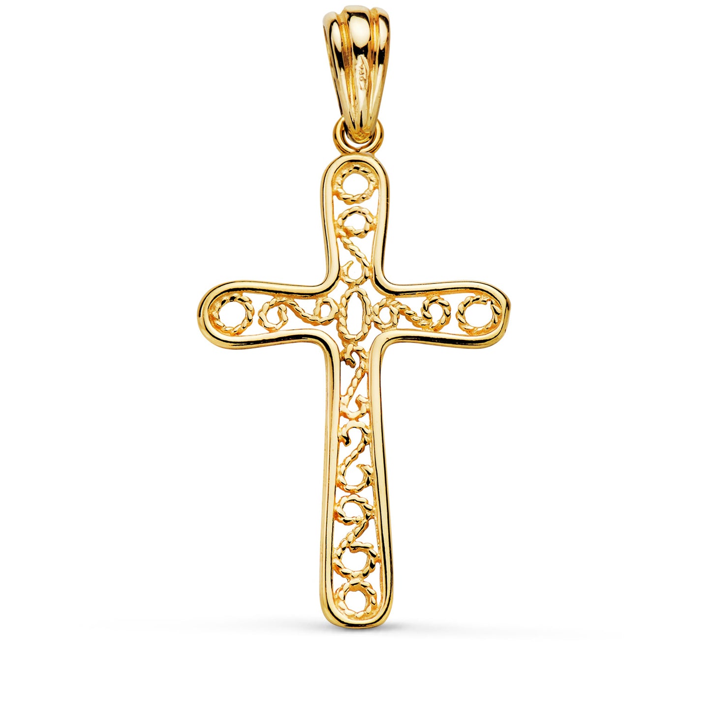 Cruz Borde Brillo y Filigrana. Medida: 37,5 x 22 mm de oro amarillo 18K