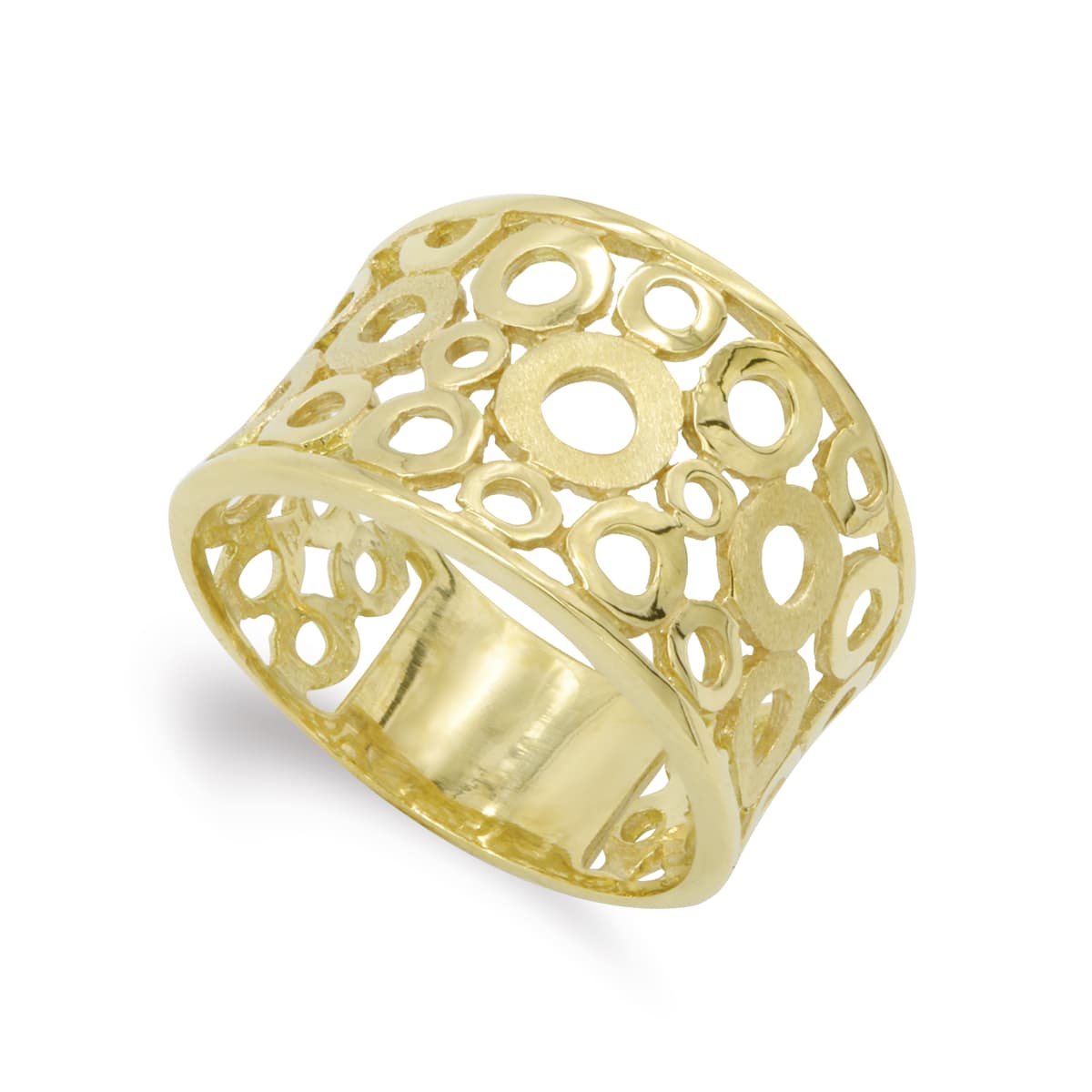 18K SORTIJA ORO AMARILLO MACIZA CIRCULOS CALADOS. ANCHO: 14 MM