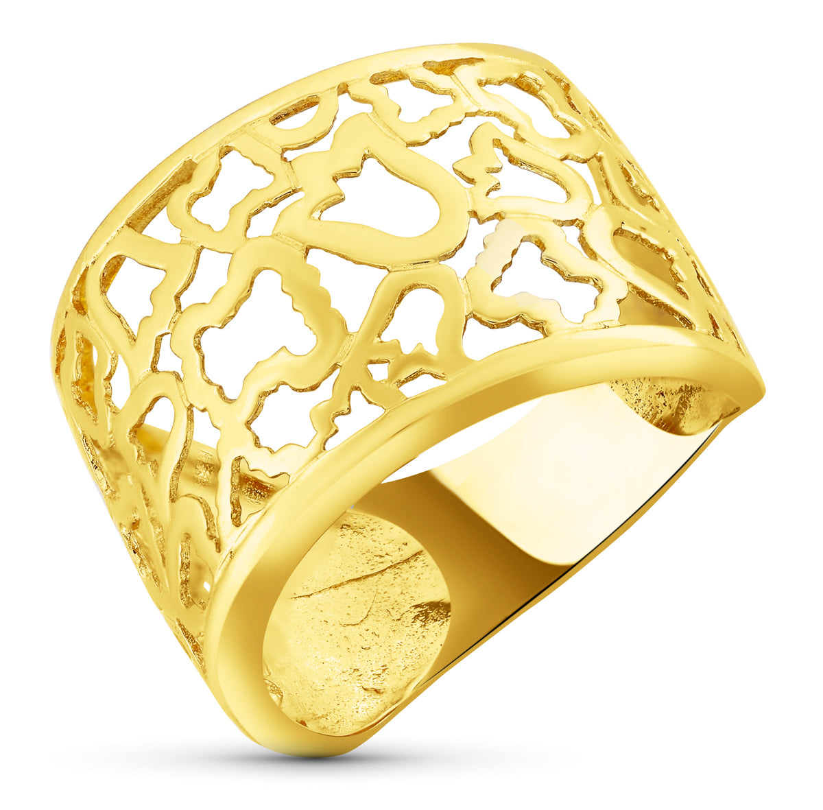 18K SORTIJA ORO AMARILLO OSOS Y TULIPANES CALADOS EN BRILLO. ANCHO: 15 MM