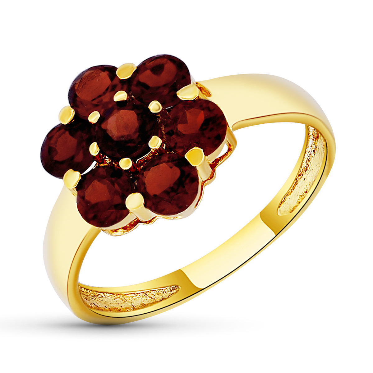 Sortija Cuajo con Granates. Ancho: 11 mm de oro amarillo 18K
