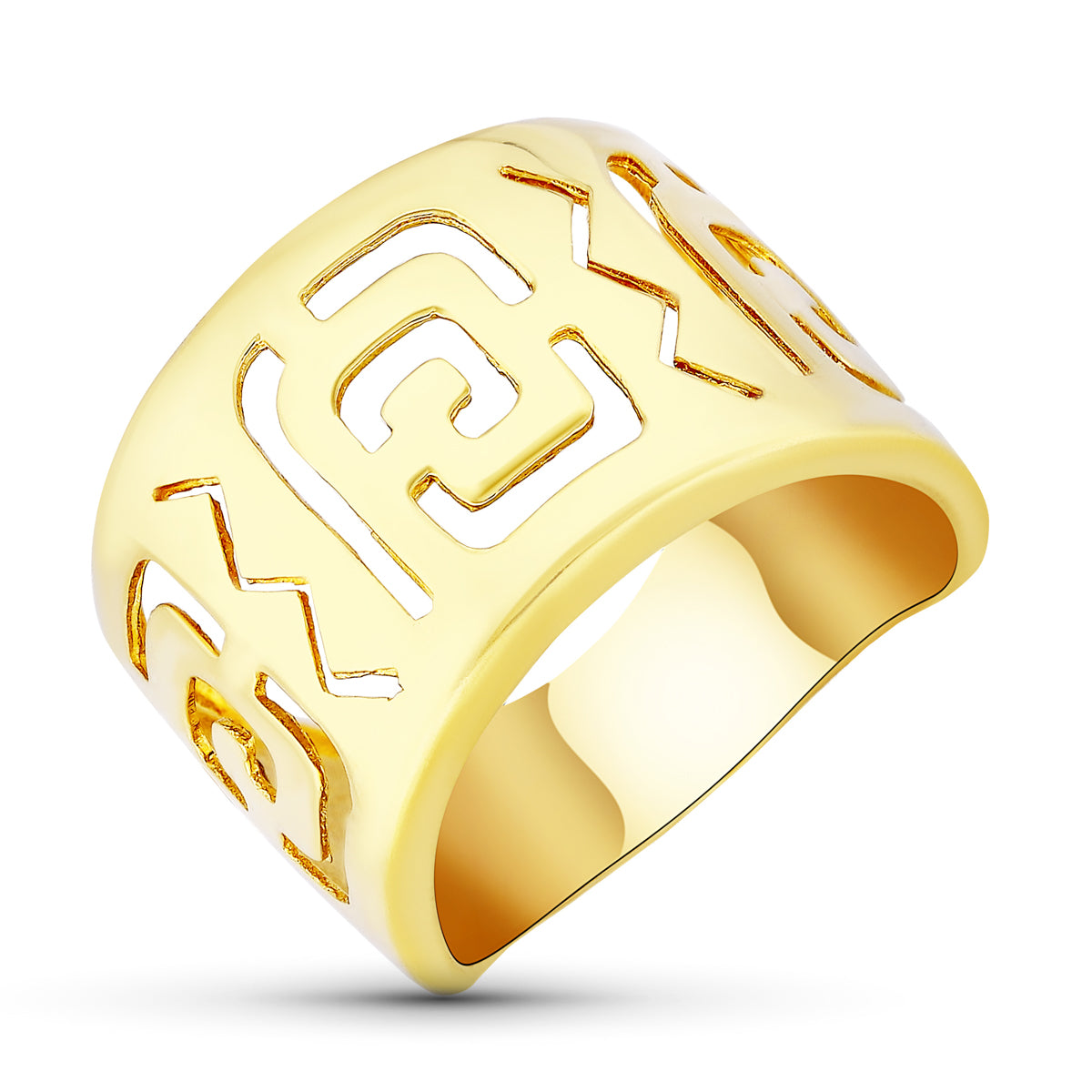 Sortija Motivos Calados en Brillo. Ancho: 15 mm de oro amarillo 18K