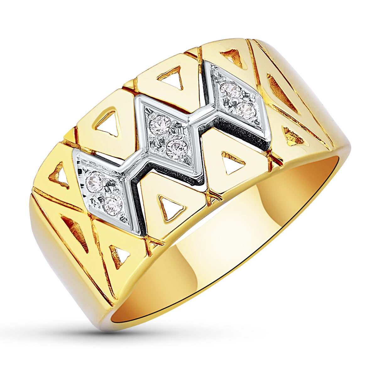 18K SORTIJA ORO BICOLOR CALADA CON ROMBOS. ANCHO: 10,5 MM