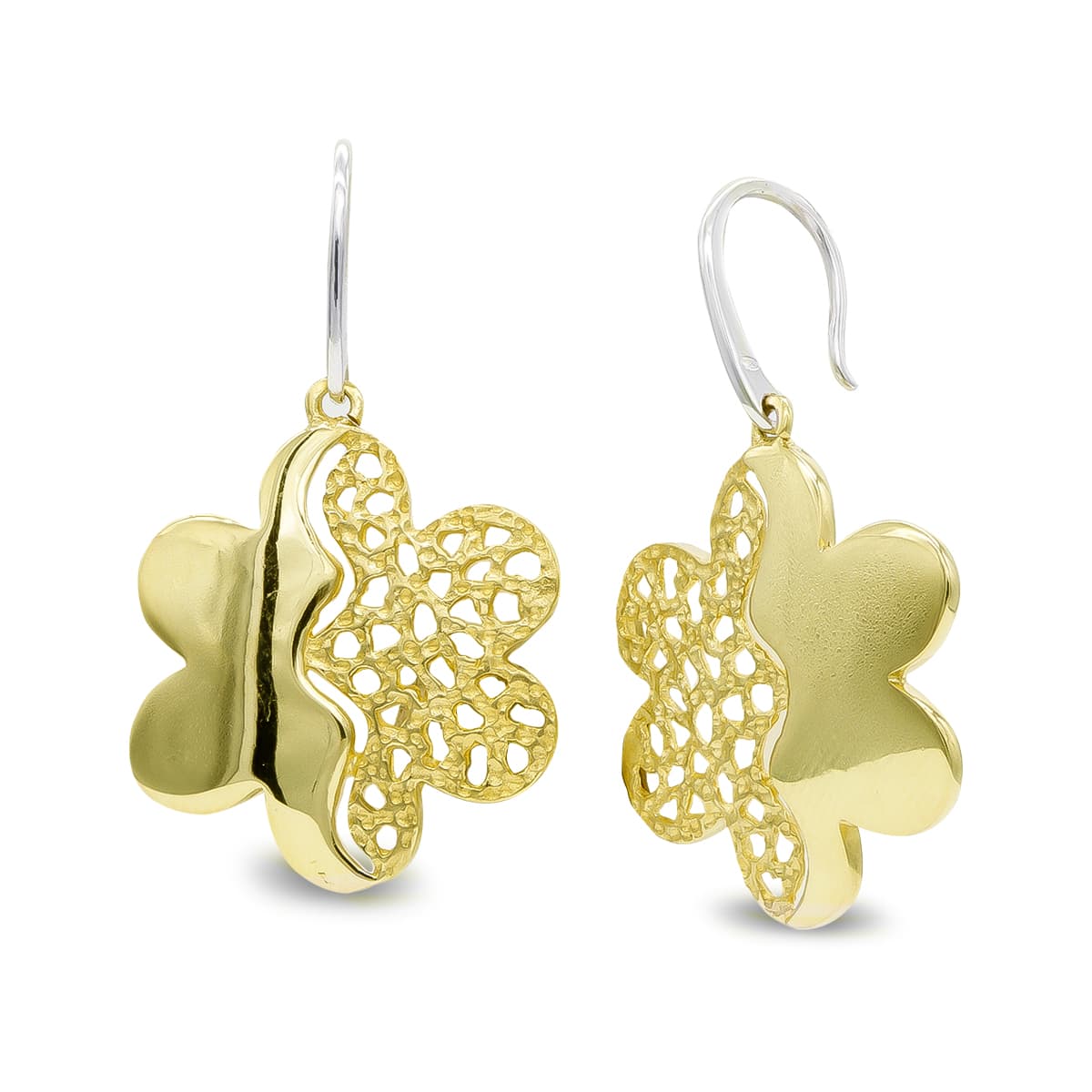 Pendientes Bicolor Largos Flor Cierre Gancho 18K