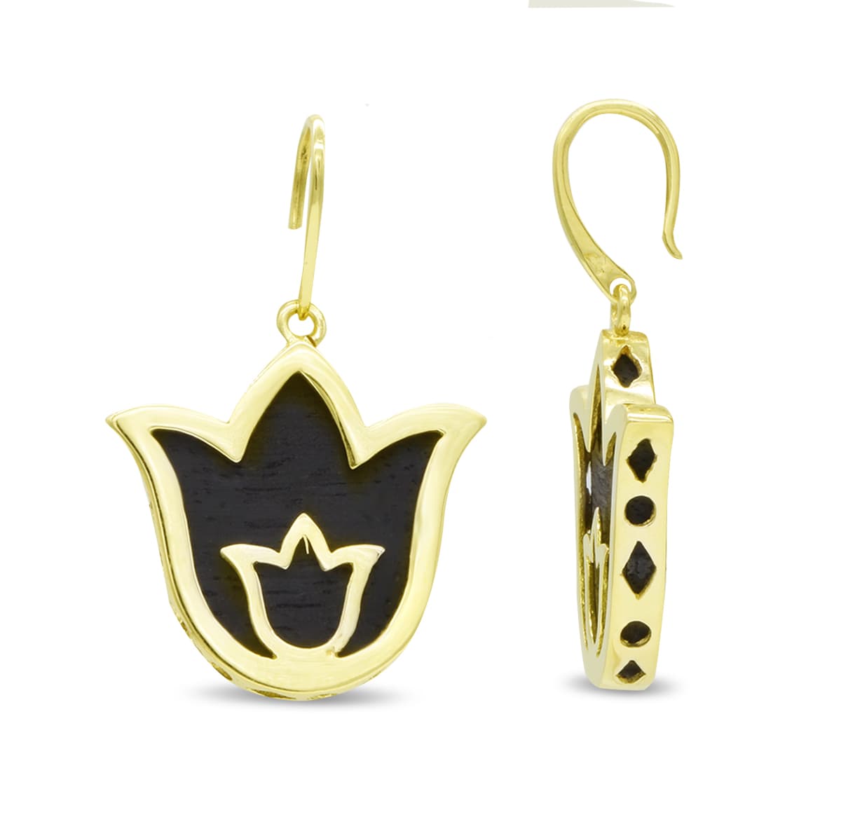 18K PENDIENTES ORO AMARILLO EBANO Y TULIPAN CIERRE GANCHO