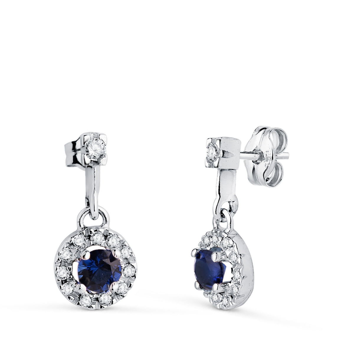 Pendientes Dos Cuerpos con Circonitas y Zafiro. 14,5 x 7 mm. de oro blanco 18K