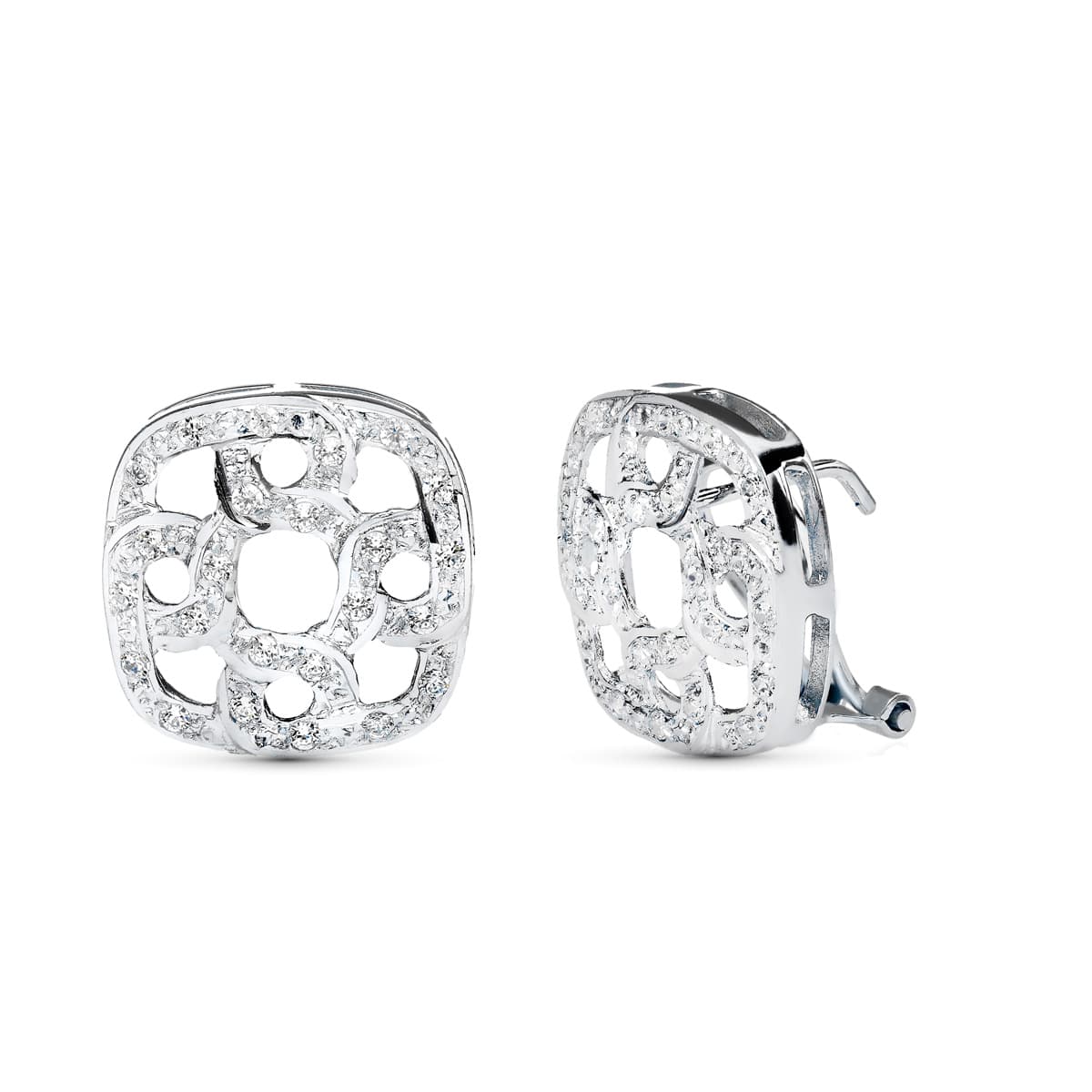 18K PENDIENTES ORO BLANCO JUEGO NOVIA 16X16 MM CIERRE OMEGA