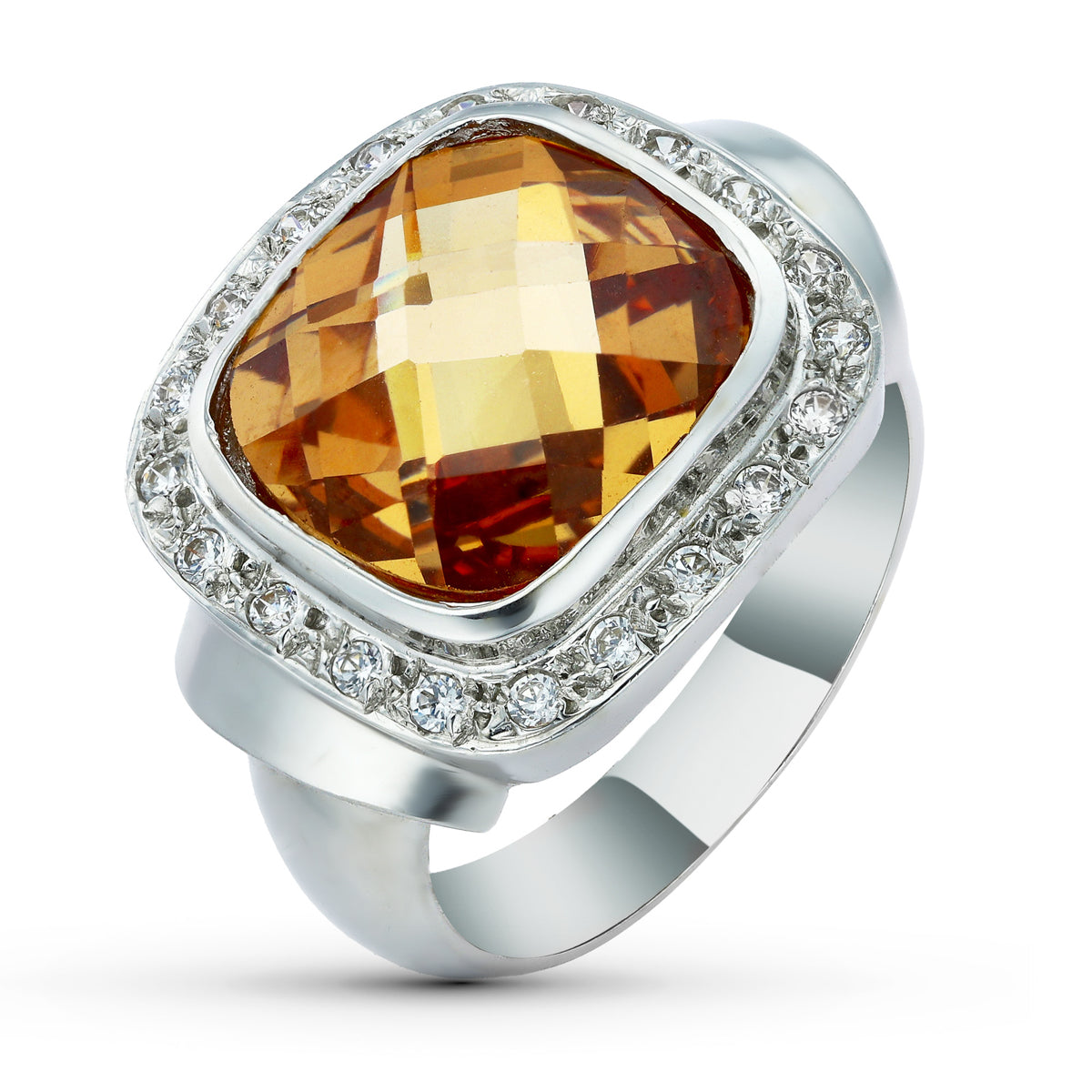 Sortija Piedra Topacio con Circonitas de oro blanco 18K