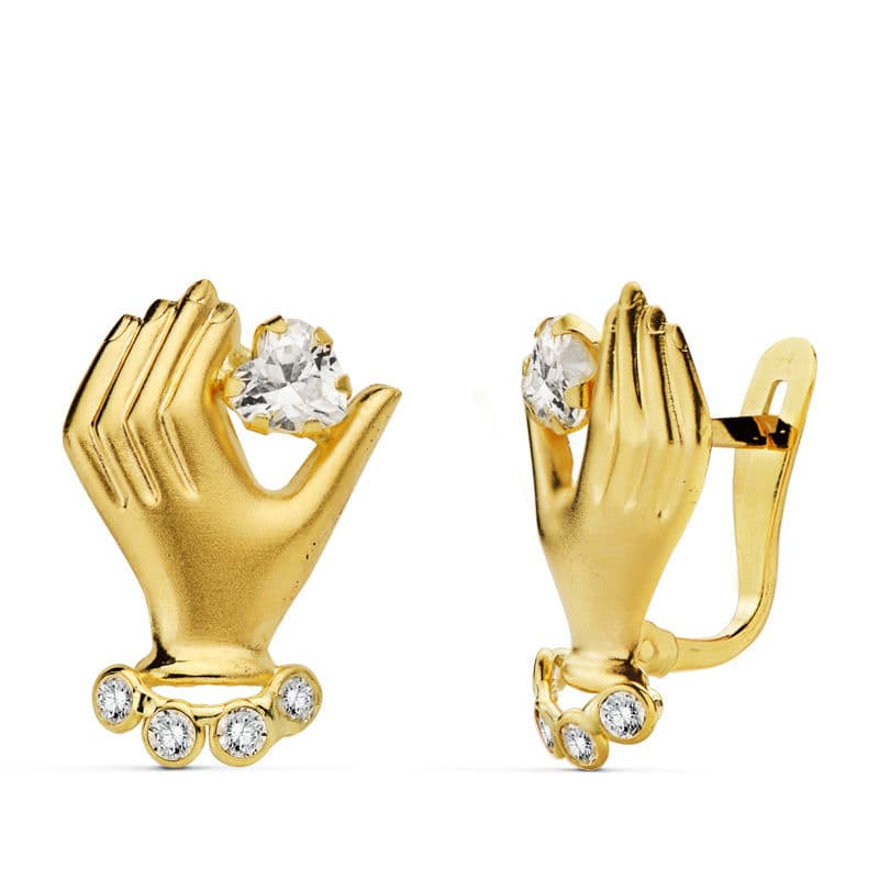 Pendientes Mano y Circonita 17 x 11 mm de oro amarillo 18K