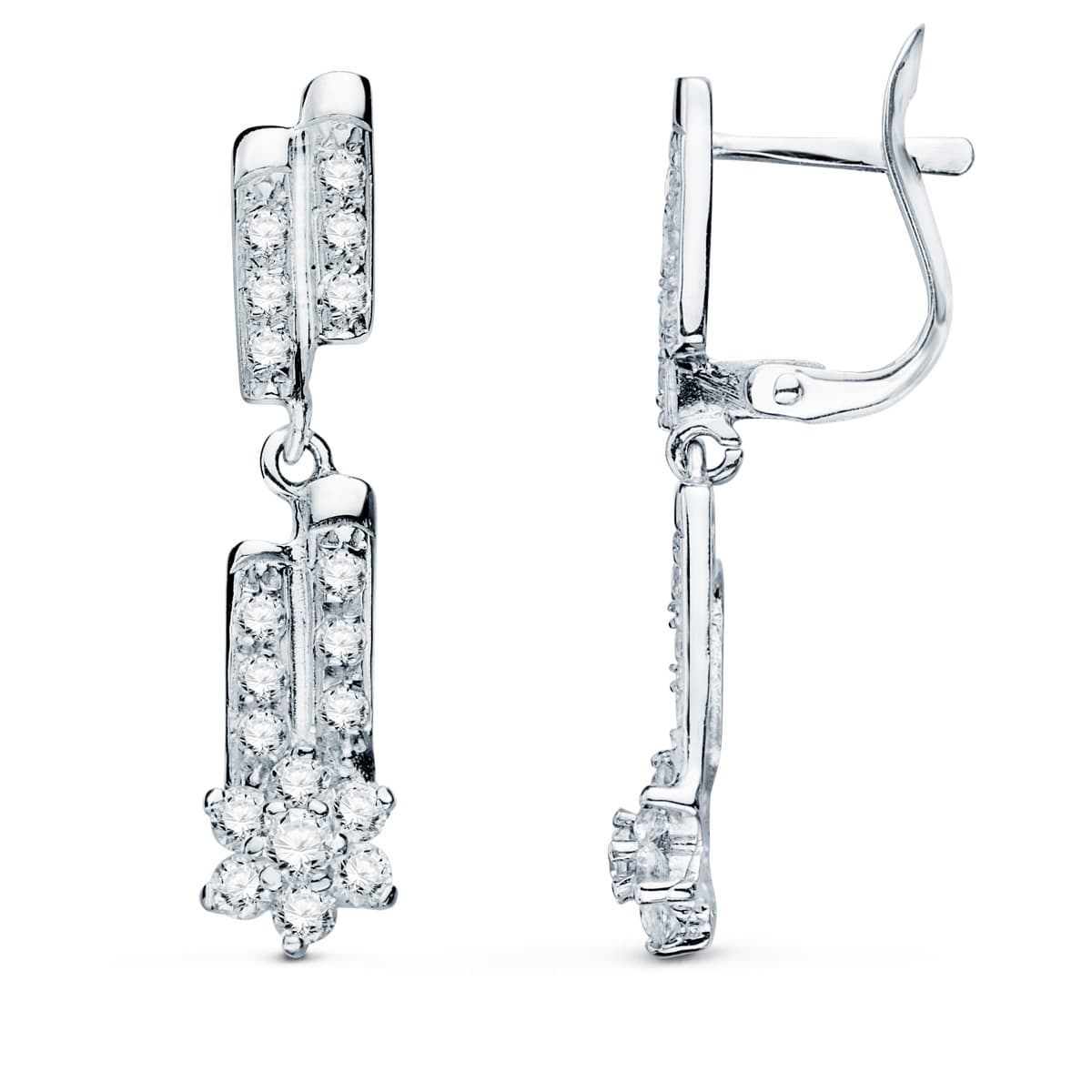 Pendientes Largos Cuajos y Circonita 28 x 6 mm de oro blanco 18K