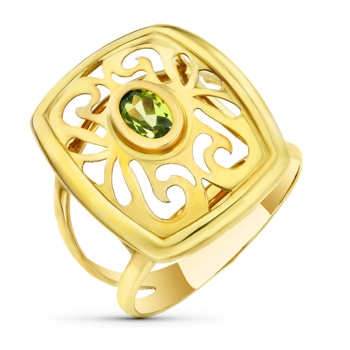 Sortija Motivo Calado con Piedra Olivina de oro amarillo 18K