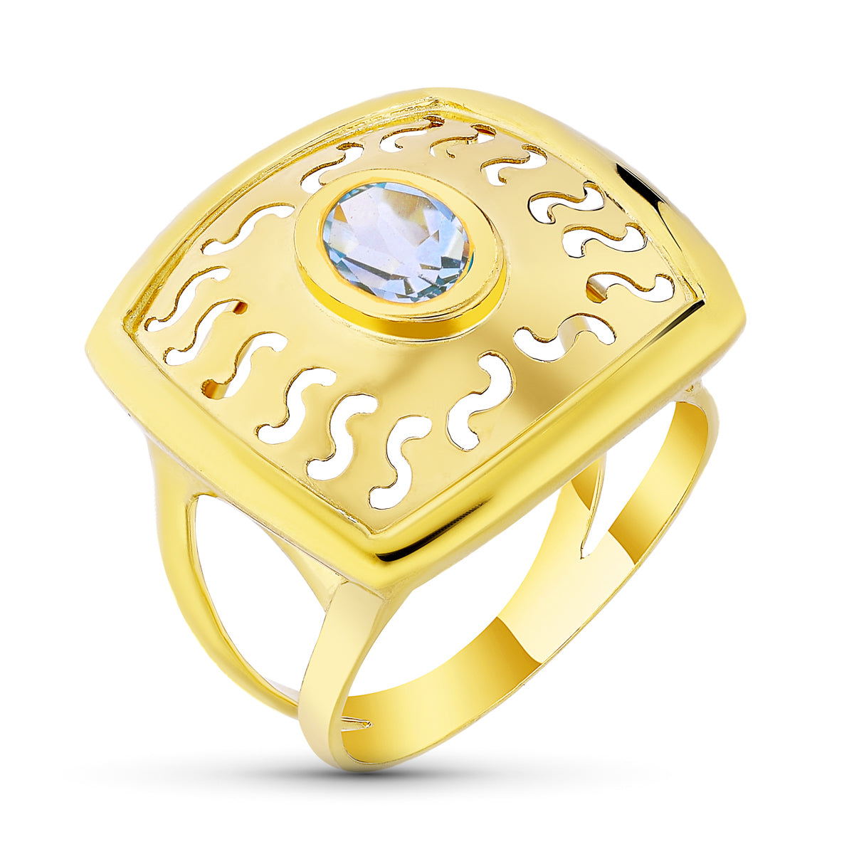 Sortija Motivo Calado con Circonita Aguamarina. Ancho: 20 mm de oro amarillo 18K
