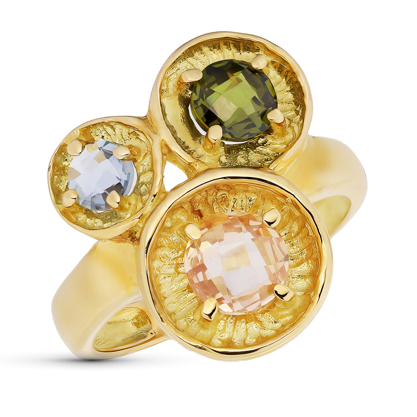 18K SORTIJA ORO AMARILLO TRES MOTIVOS REDONDOS CON CIRCONITAS COLORES. ANCHO: 17,5 MM