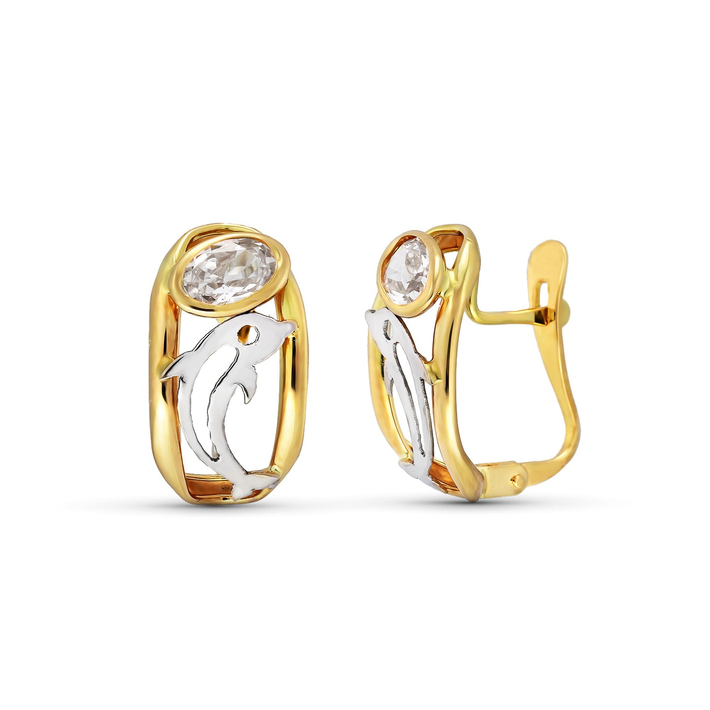 18K PENDIENTES ORO AMARILLO CIRCONITA Y DELFIN 15X8 MM CIERRE CATALAN