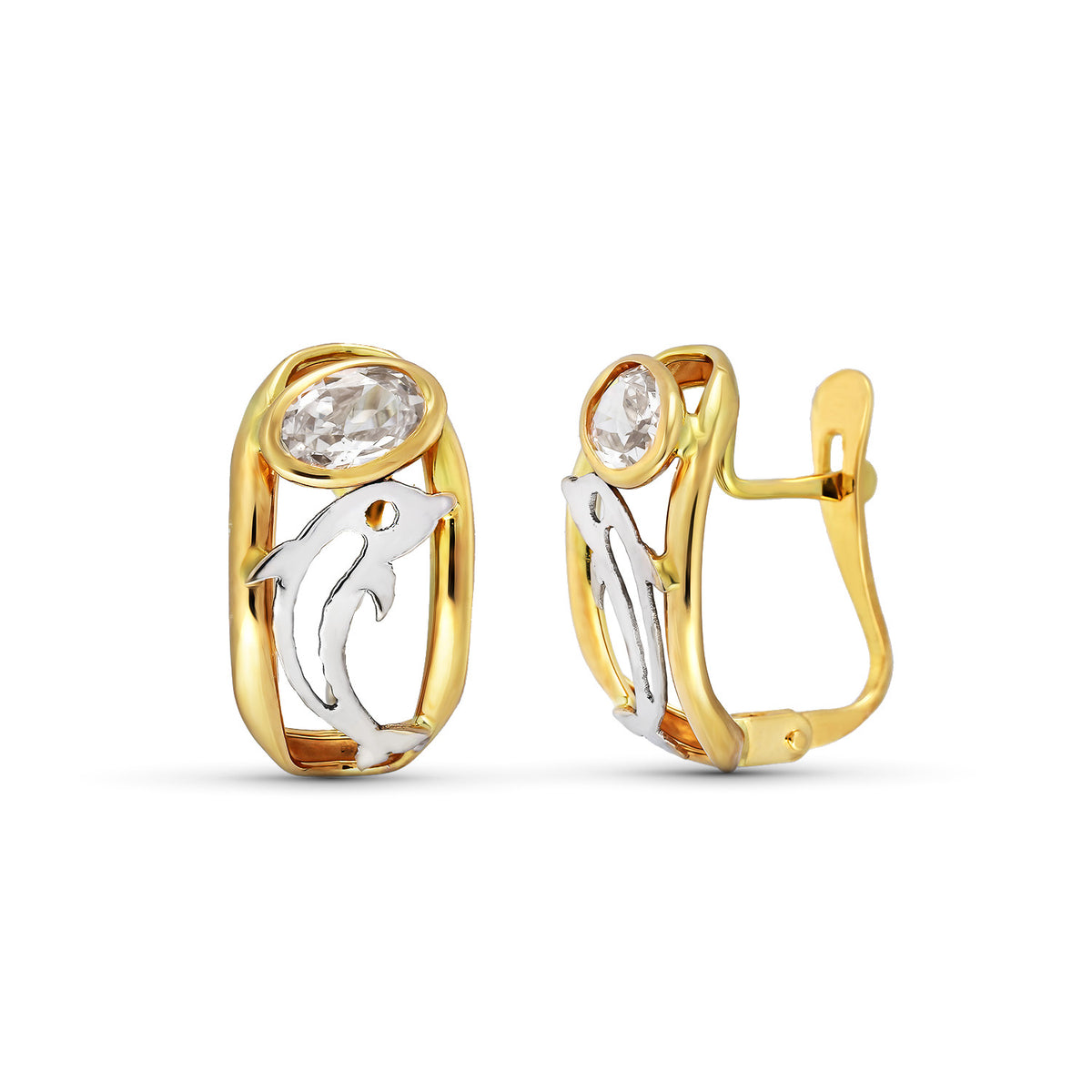 Pendientes Circonita y Delfin 15 x 8 mm de oro amarillo 18K