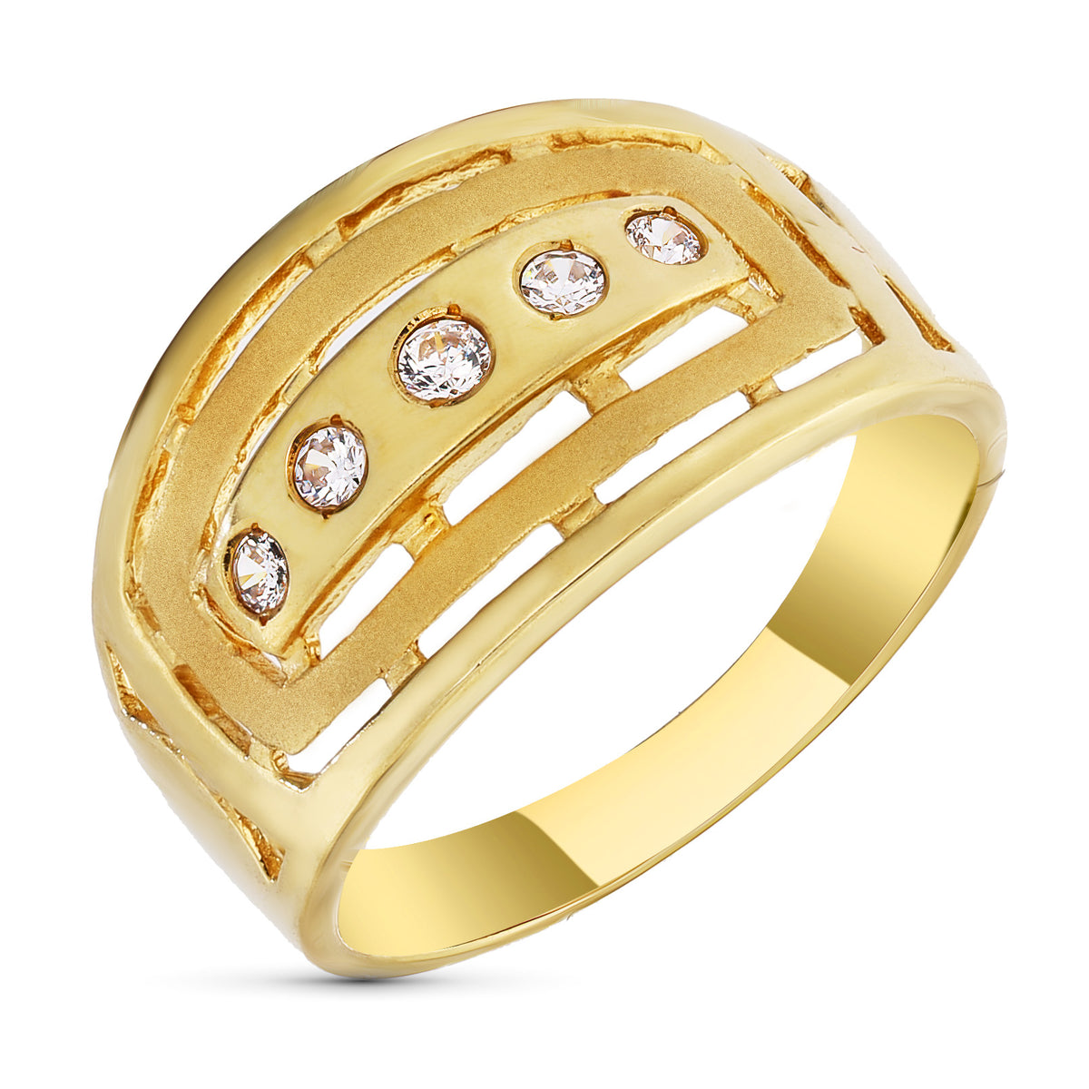Sortija Calada y Matizada con Circonitas. Ancho: 12 mm de oro amarillo 18K