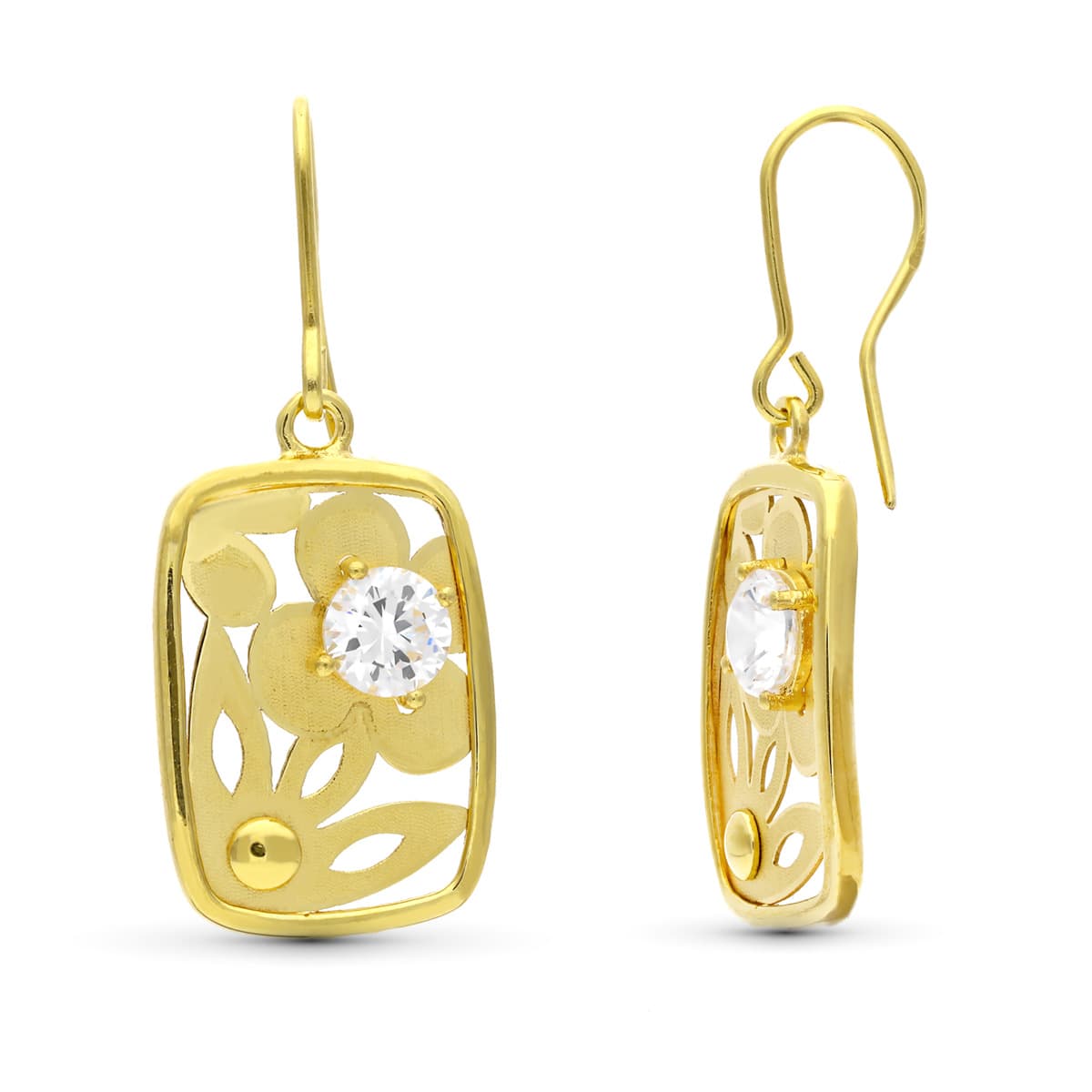 Pendientes Flor Laser con Circonita 22 x 14 mm Cierre Gancho de oro amarillo 18K