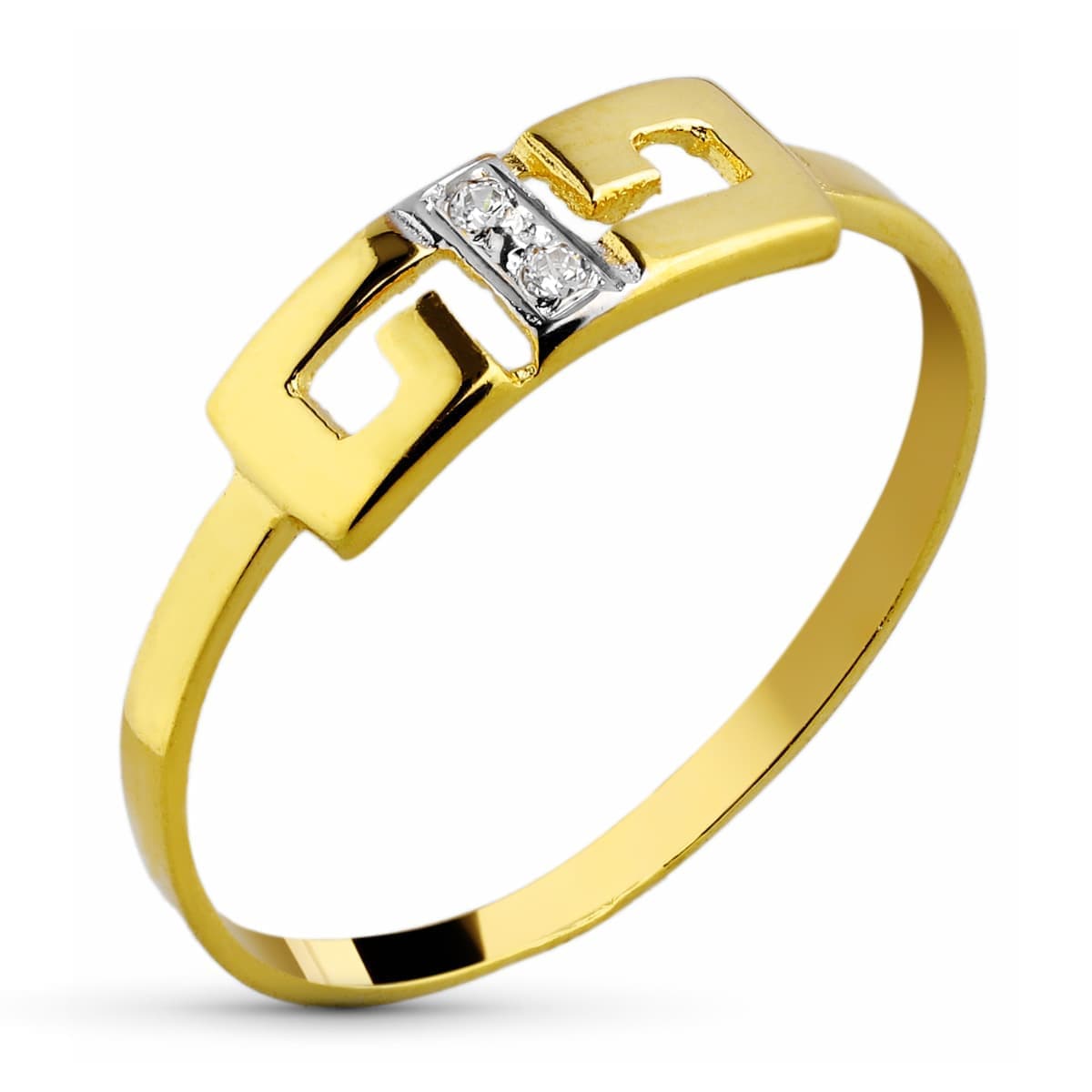 18K SORTIJA ORO BICOLOR CON MOTIVO CALADO GRECA Y CIRCONITAS. ANCHO: 4,5 MM