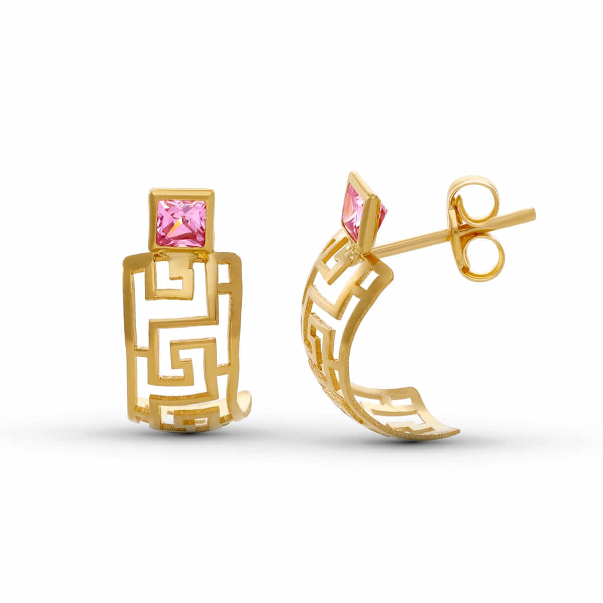 Pendientes Greca Circonita Cuadrada 15 x 6 mm de oro amarillo 18K