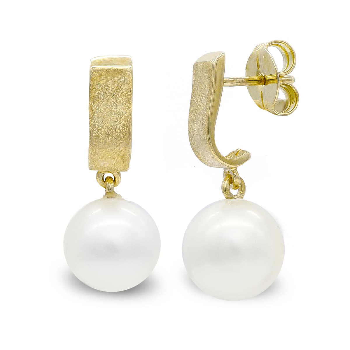 Pendientes Rayado y Perla 10 mm de oro amarillo 18K