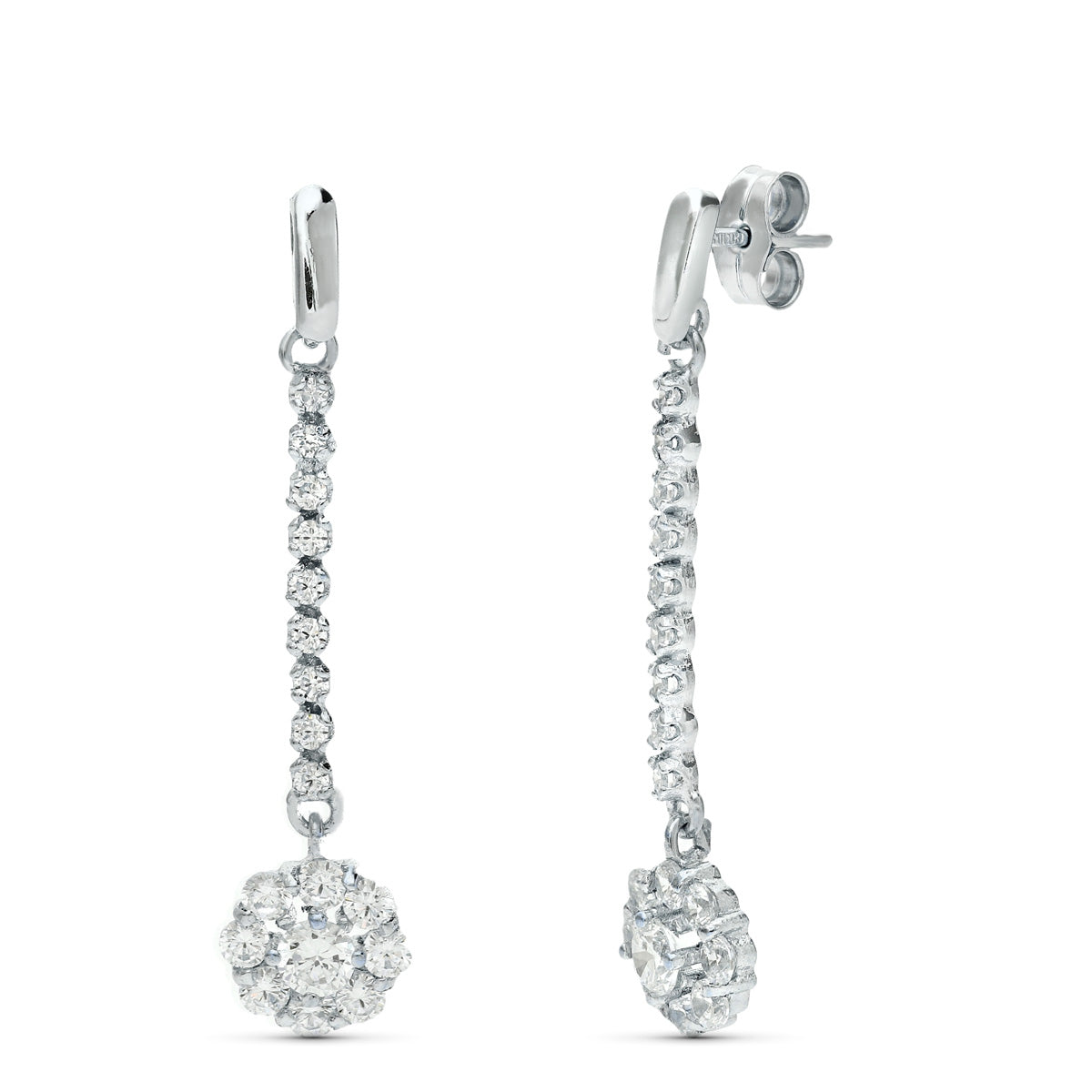 18K PENDIENTES ORO BLANCO JUEGO NOVIA PIÑA CIRCONITA 38X7 MM PRESION