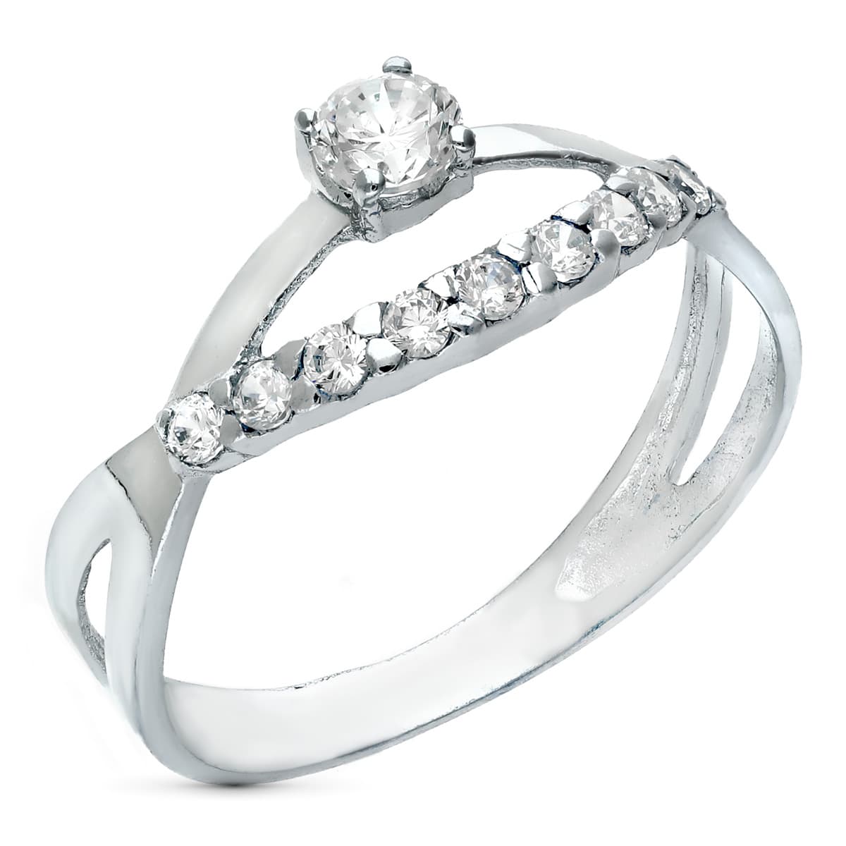 Sortija Cruzada con Circonitas. Ancho: 8 mm de oro blanco 18K