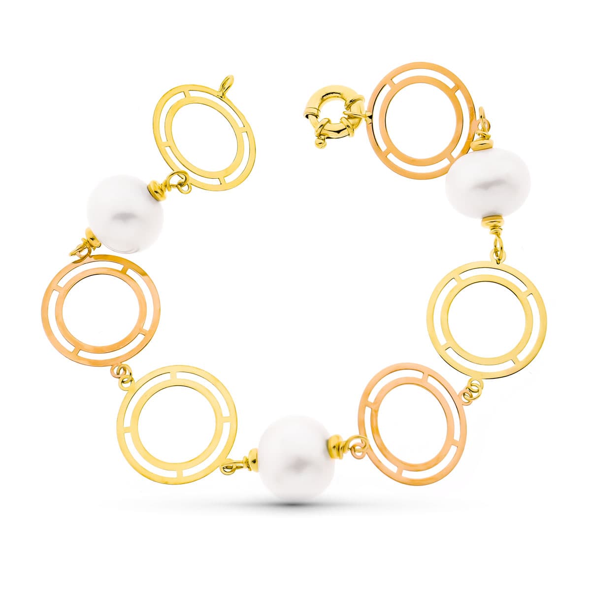 Pulsera 21 cm Bicolor y Rosa y Perla Cultivadas 15 mm de oro amarillo 18K
