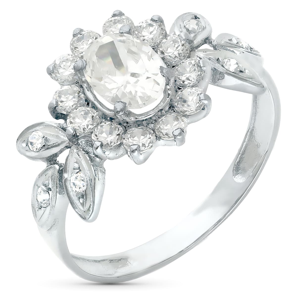 Sortija Cuajo y Hojas con Circonitas. Ancho: 11 mm de oro blanco 18K