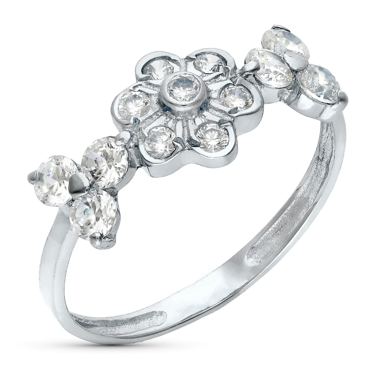 Sortija Flor con Circonitas. Ancho 7 mm de oro blanco 18K