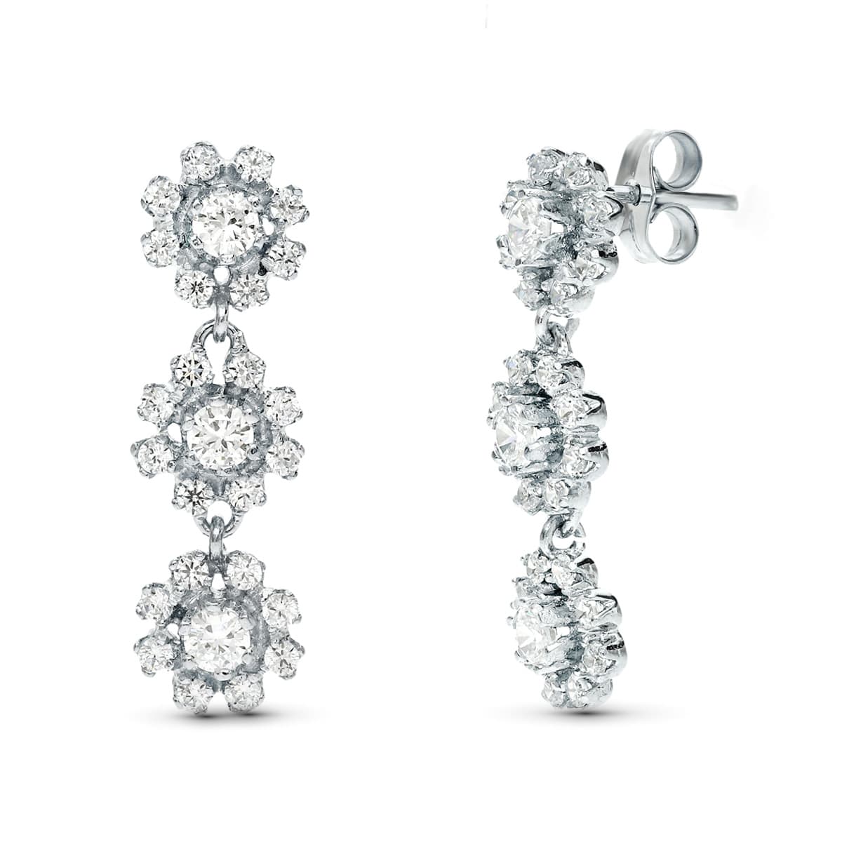 Pendientes Juego Novia Largos Tres Cuajos 25 x 8 mm de oro blanco 18K