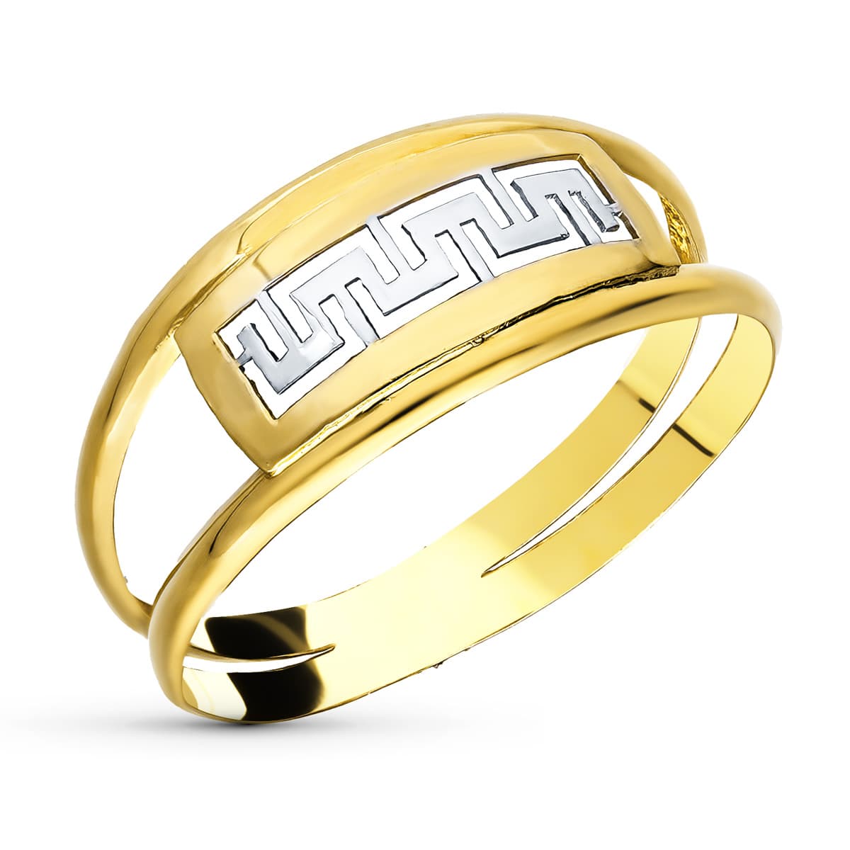 18K SORTIJA ORO BICOLOR DOBLE CUERPO CON GRECA CALADA. ANCHO 7 MM