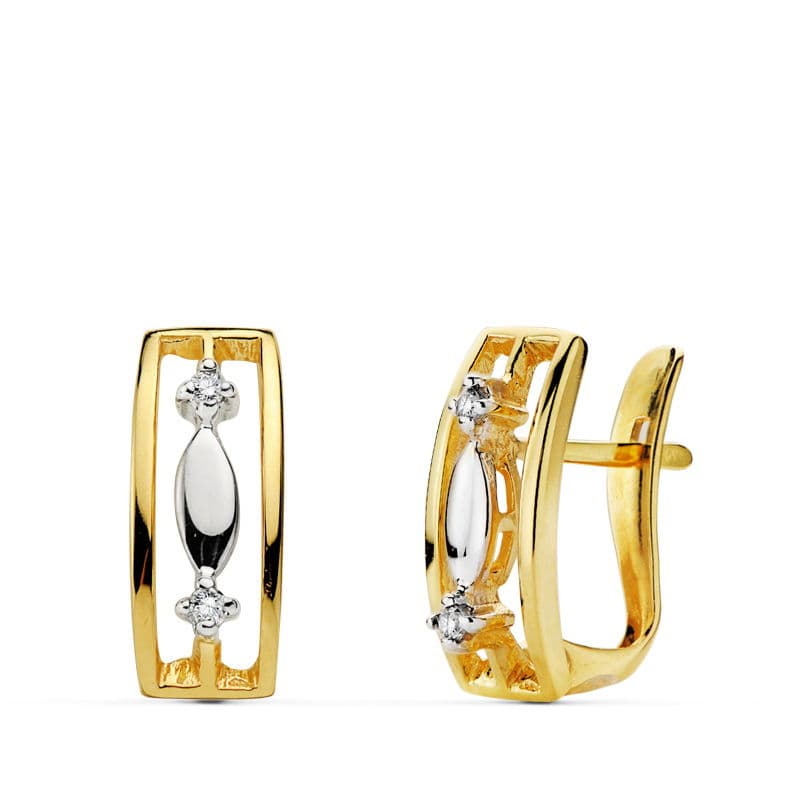 Pendientes Bicolor Circonita 13 x 5 mm 18K