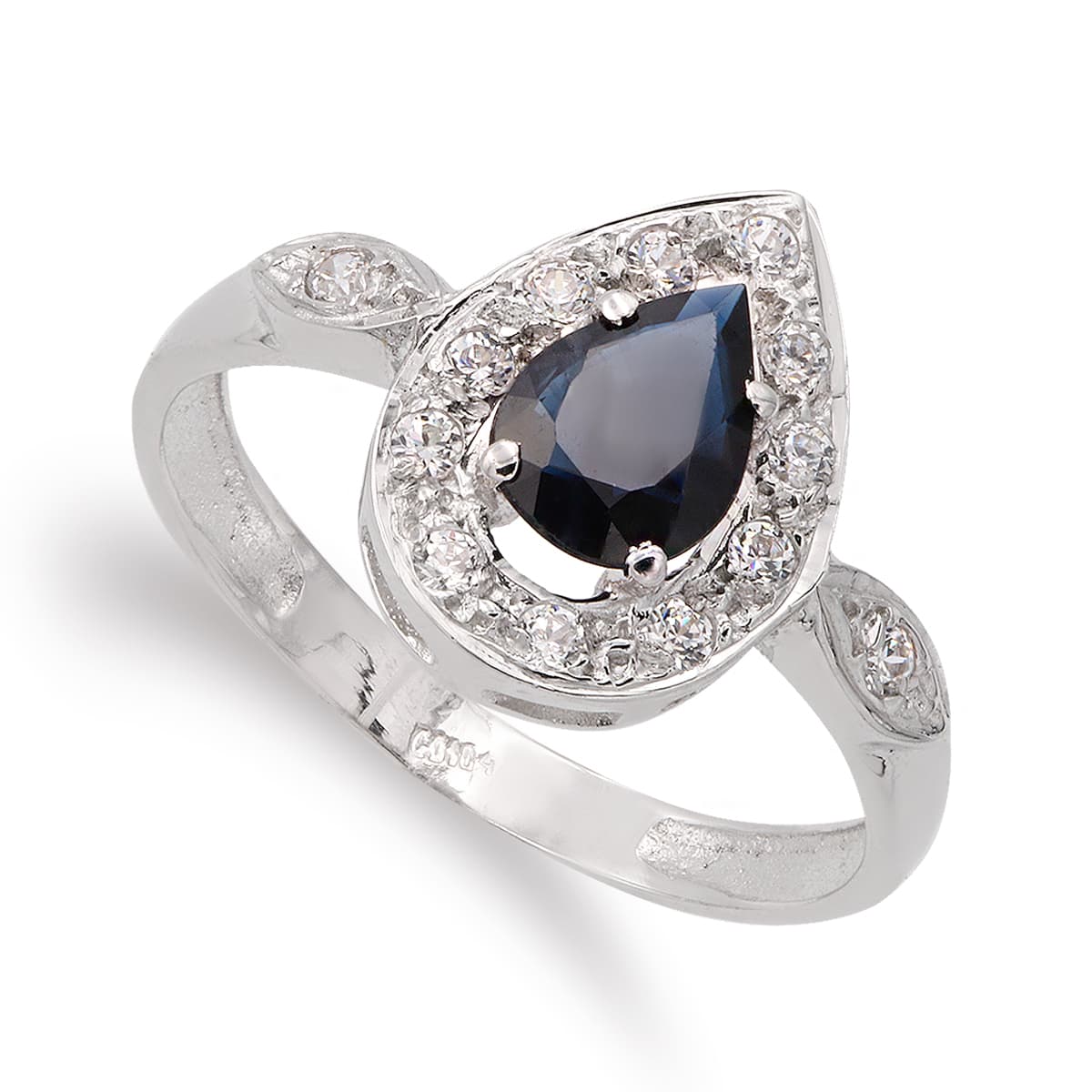 Sortija Piedra Fina Talla Gota 7 x 5 mm y Circonitas. Ancho: 13 mm de oro blanco 18K