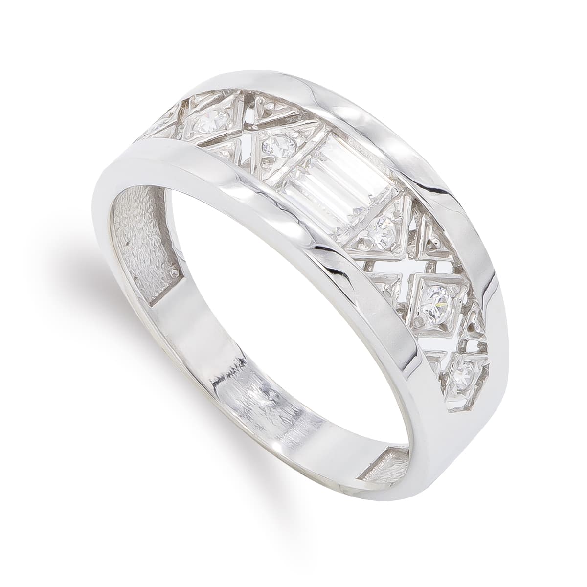 Sortija Circonitas Baguette. Ancho: 8 mm de oro blanco 18K
