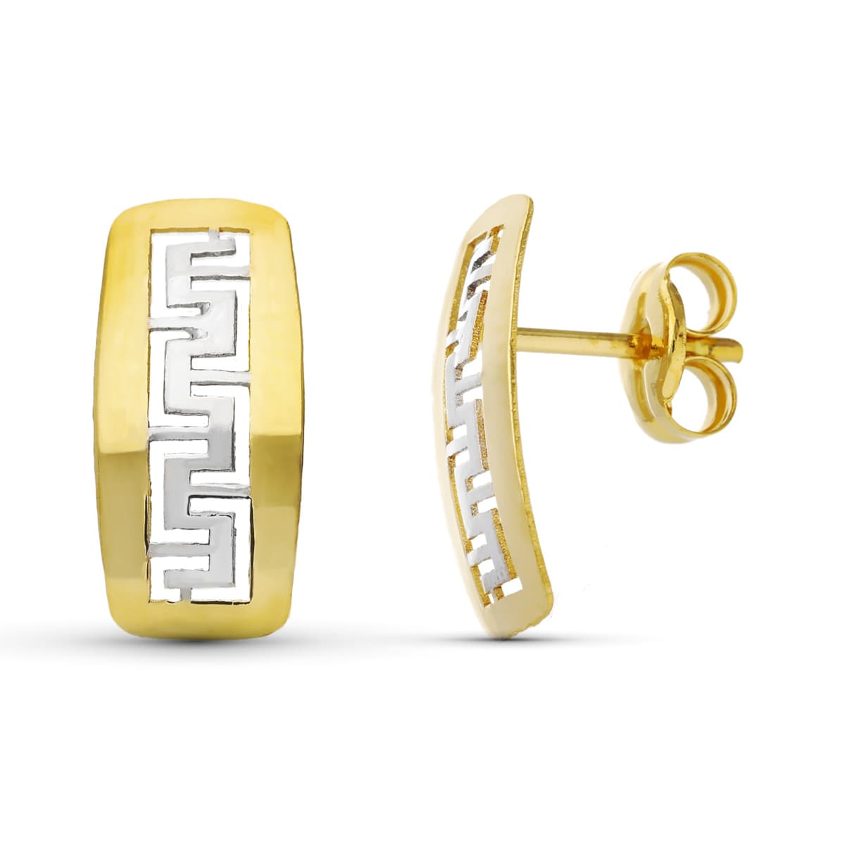 Pendientes Bicolor Greca Brillo 11 x 5,5 mm 18K