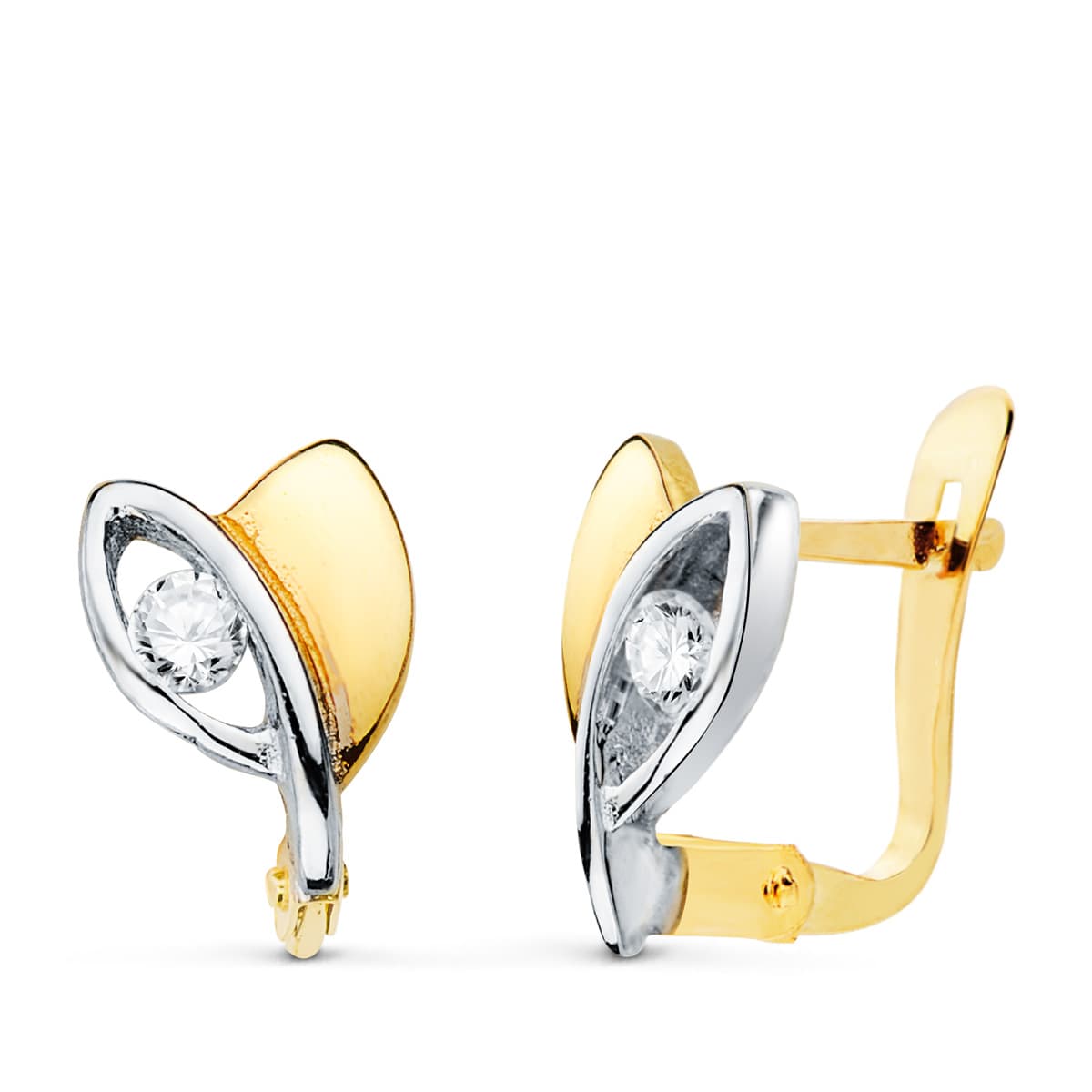 Pendientes Bicolor con Circonita 9 x 6 mm 18K