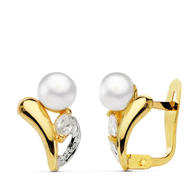 Pendientes Bicolor Perla y Piedra 11 x 8 mm 18K