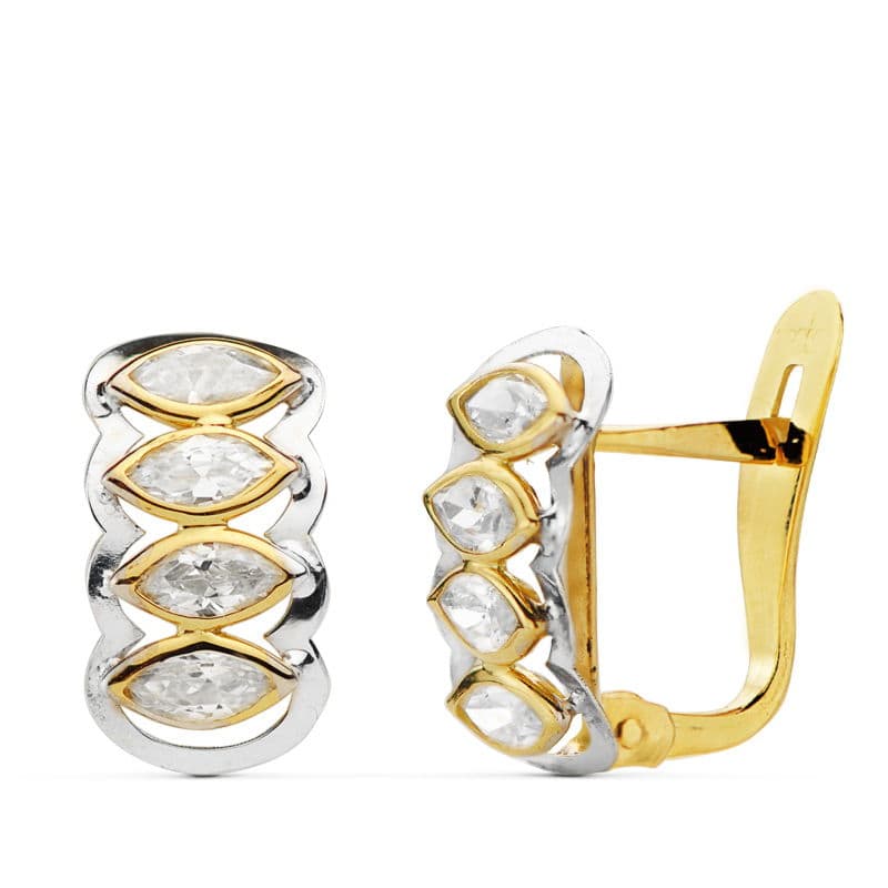 Pendientes Bicolor Circonita 12 x 7 mm 18K