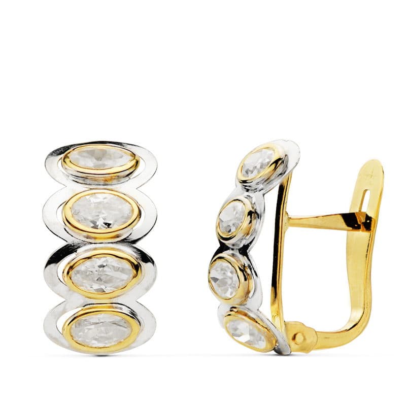 18K PENDIENTES PIEDRAS OVAL BICOLOR 15X8 MM CIERRE CATALAN